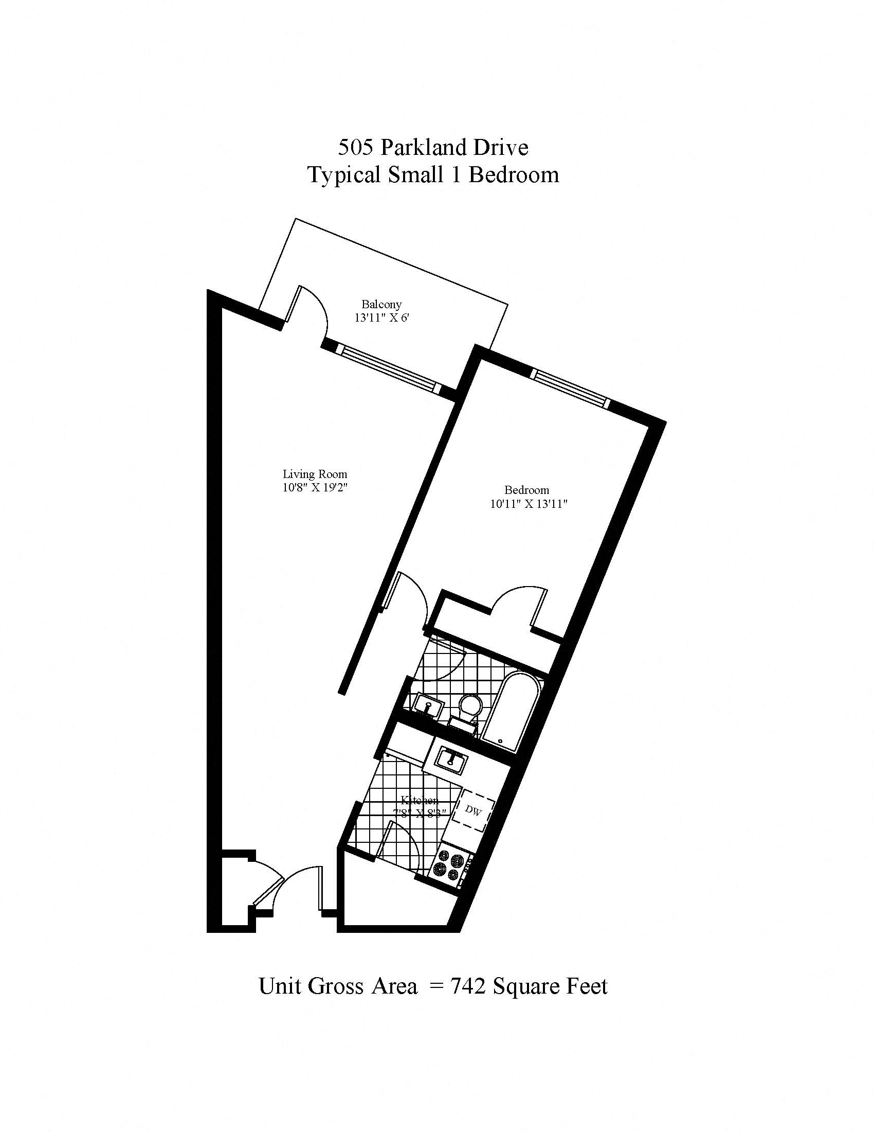Floor plan for 1 bed, 1 bath, 742 sqft